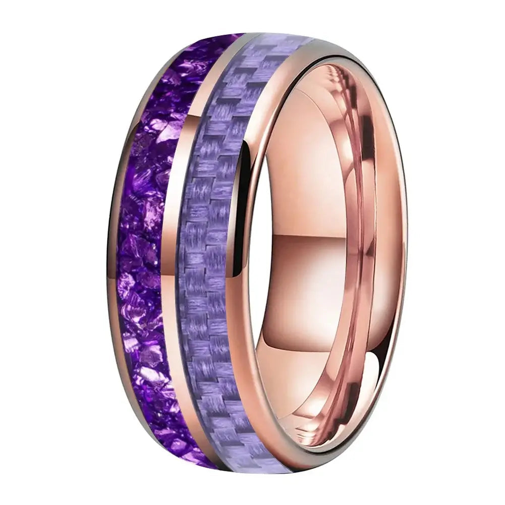 8mm Tungsten Rose Gold Purple Crystal & Carbon Fibre Ring – Unique Cosmic Design & Comfort Fit (Unisex) - Promise Rings