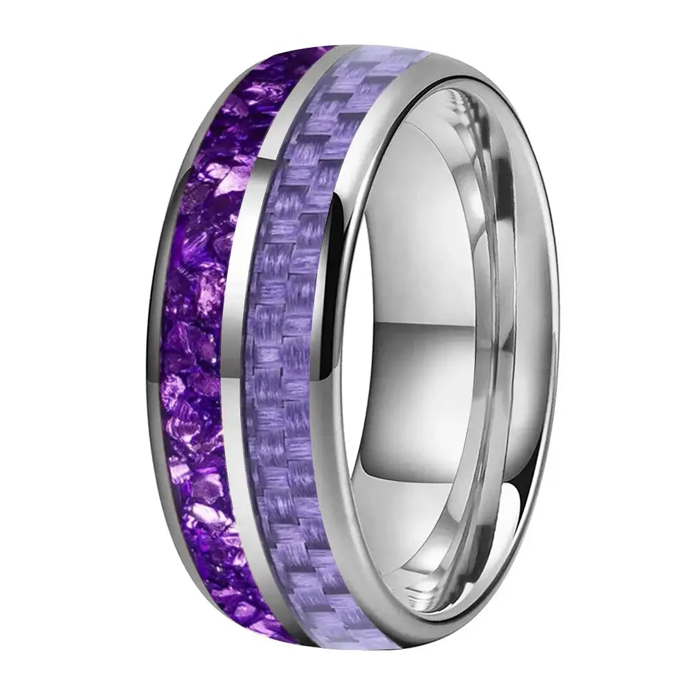 8mm Tungsten Silver Purple Crystal & Carbon Fibre Ring – Unique Cosmic Design & Comfort Fit (Unisex) - Promise Rings
