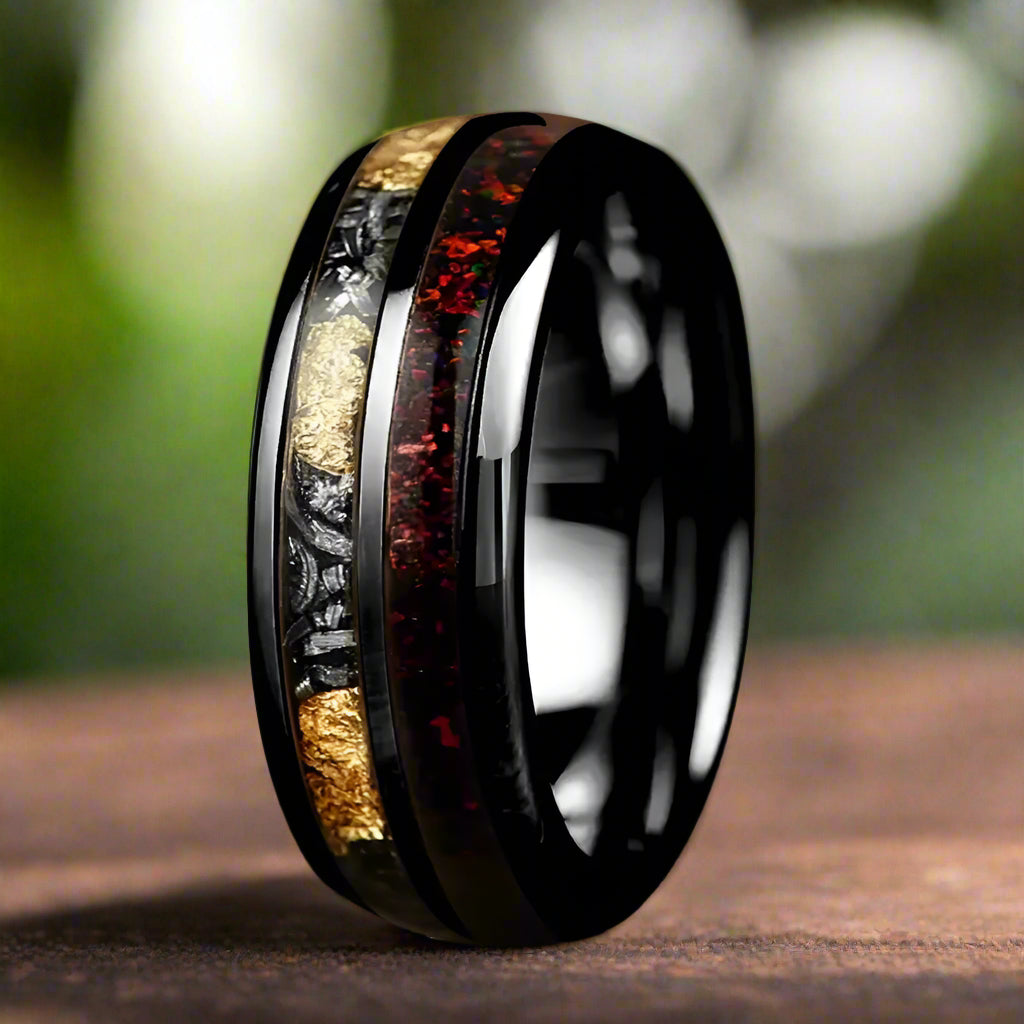 6mm & 8mm Tungsten Red Opal Meteorite Gold Foil Inlay Ring – Black Dome (Unisex) - Promise Rings