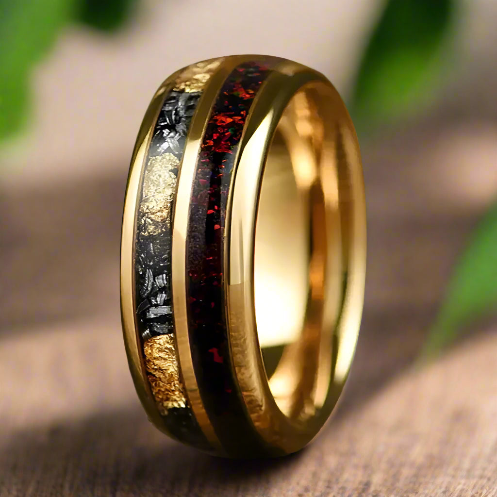 6mm & 8mm Tungsten Red Opal Meteorite Gold Foil Inlay Ring – Gold Dome (Unisex) - Promise Rings