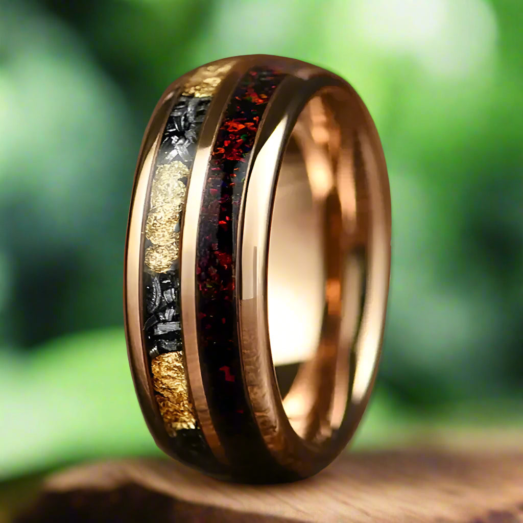 6mm & 8mm Tungsten Red Opal Meteorite Gold Foil Inlay Ring – Rose Gold Dome (Unisex) - Promise Rings