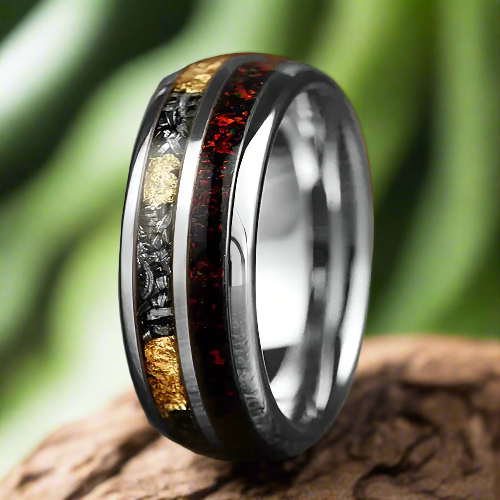 6mm & 8mm Tungsten Red Opal Meteorite Gold Foil Inlay Ring – Silver Dome (Unisex) - Promise Rings