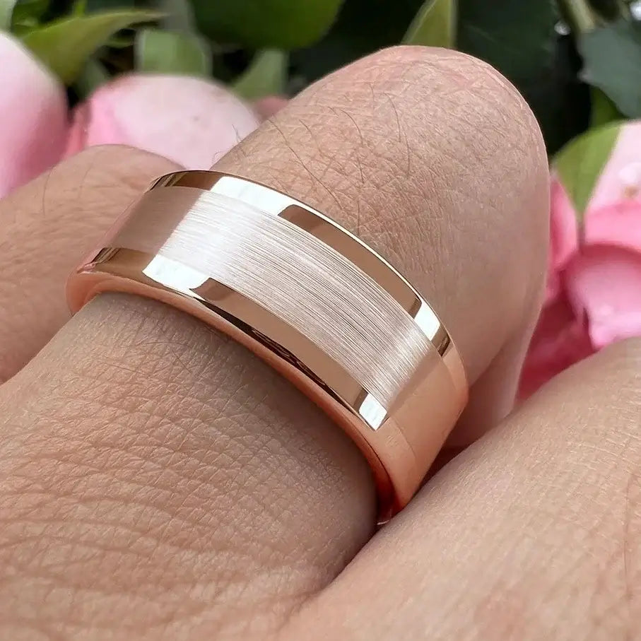 6mm & 8mm Tungsten Rose Gold Centre Brushed with Polished Edges Ring – Modern Elegance with Warmth (Unisex) - Promise Rings