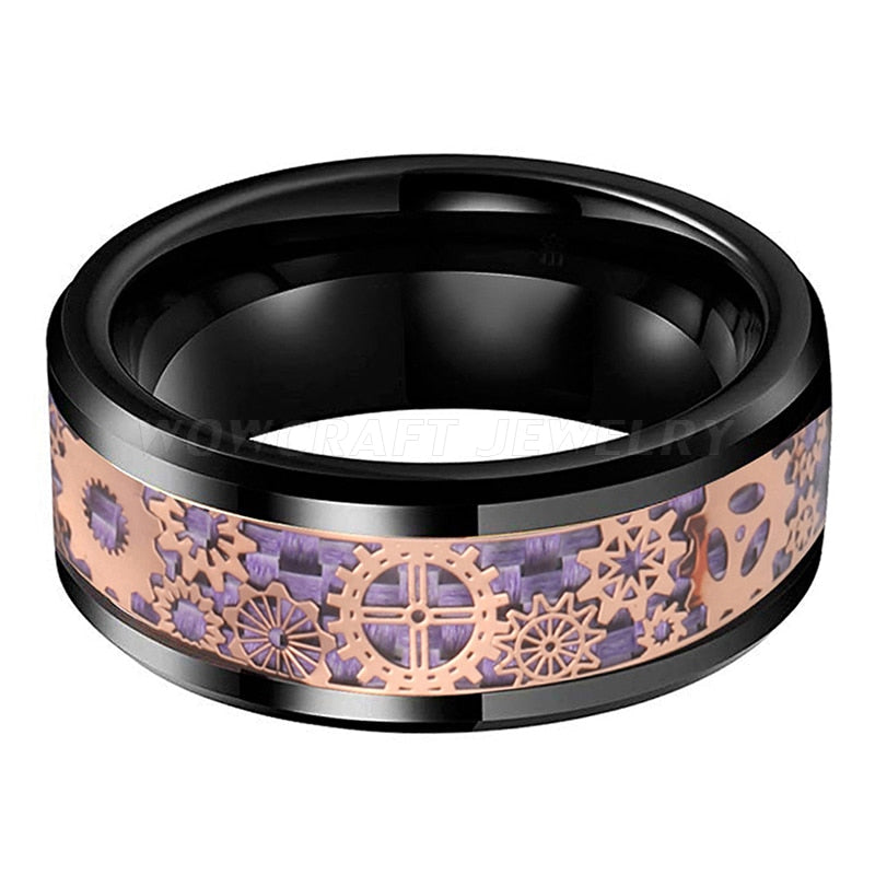 6mm, 8mm Rose Gold Gears Purple Carbon Fibre Inlay Black Tungsten Men's Ring - Promise Rings