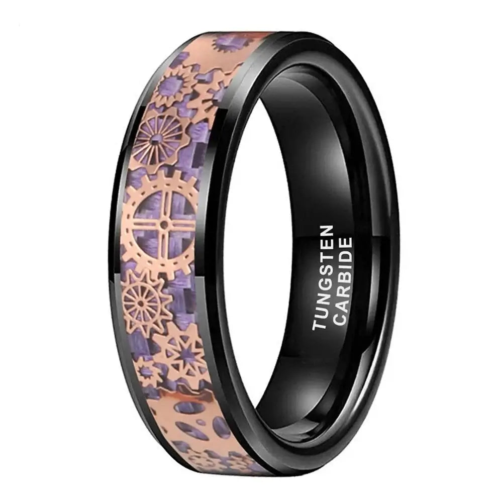 6mm & 8mm Tungsten Steampunk Gear Ring – Rose Gold & Purple Inlay (Unisex) - Promise Rings