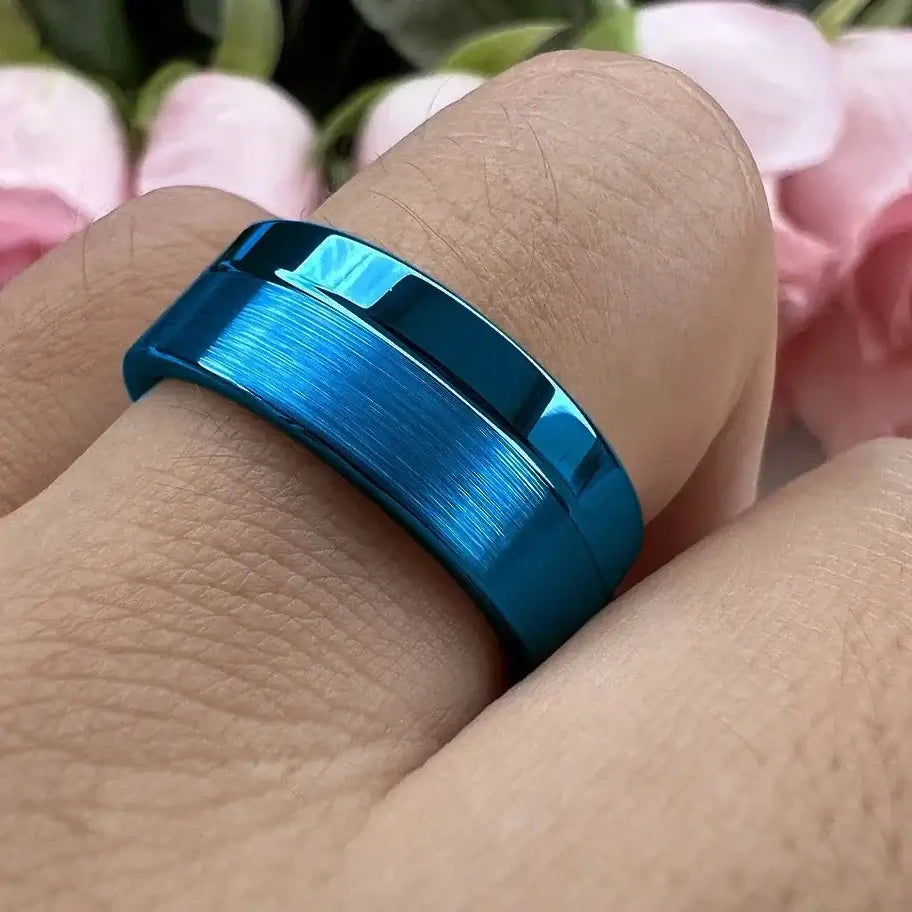 6mm & 8mm Tungsten Blue Offset Groove Polished and Brushed Two-Tone Ring – Bold and Modern Statement (Unisex) - Promise Rings