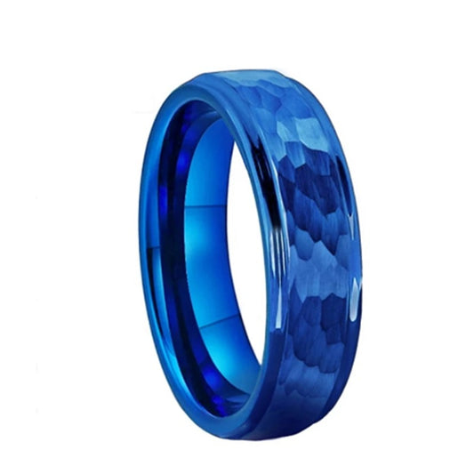 6mm & 8mm Royal Blue Hammered Tungsten Unisex Rings - Promise Rings