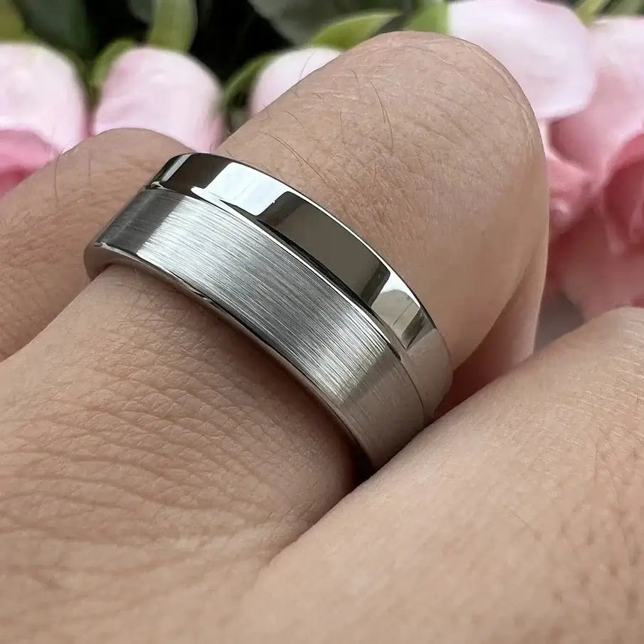 6mm & 8mm Tungsten Silver Offset Groove Polished and Brushed Two-Tone Ring – Modern Elegance with Subtle Contrast (Unisex) - Promise Rings