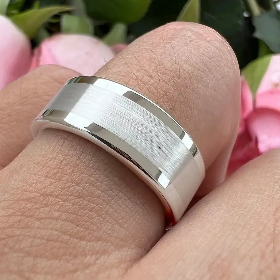 6mm & 8mm Tungsten Silvery White Centre Brushed with Polished Edges Ring – Elegant Modern Design (Unisex) - Promise Rings