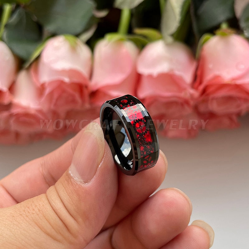 6mm & 8mm Black Tungsten Ring – Red Carbon Fiber with Engraved Gear Design (Unisex) - Promise Rings
