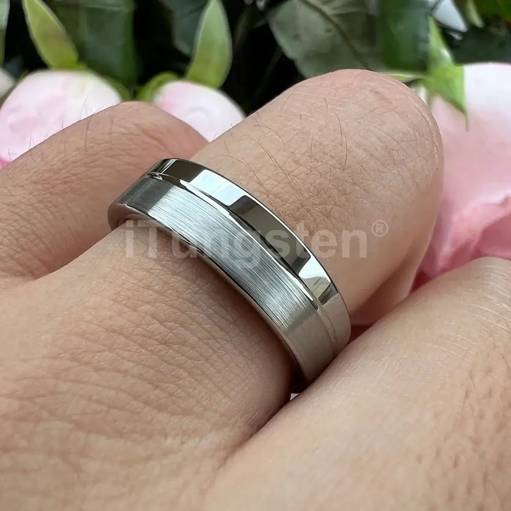 6mm, 8mm Two-Tone Offset Groove Polished & Brushed Silver Tungsten Ring – Contemporary Unisex Style - Promise Rings