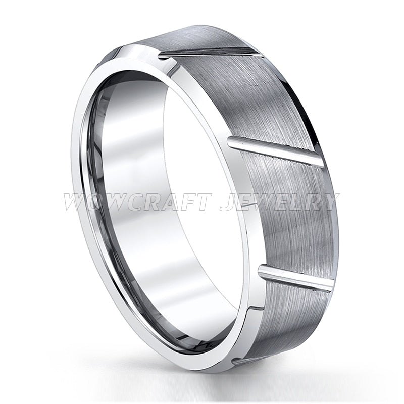 6mm, 8mm Unique Brushed Design Beveled Edges Tungsten Unisex Rings - Promise Rings