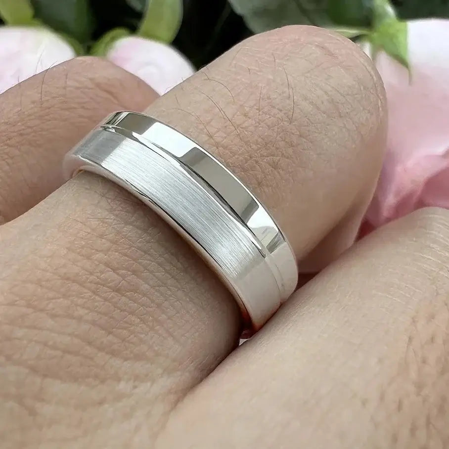6mm & 8mm Tungsten Silver Offset Groove Polished and Brushed Two-Tone Ring – Elegant and Contemporary Style (Unisex) - Promise Rings