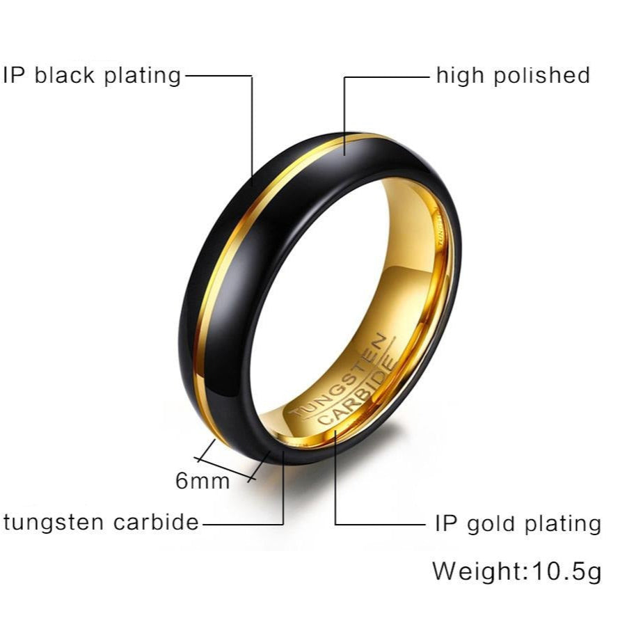6mm Black Tungsten Ring – Gold Groove Inlay Design (Unisex) - Promise Rings