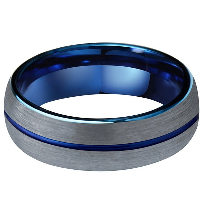 6mm Blue Center Groove & Silver Tungsten Unisex Ring - Promise Rings