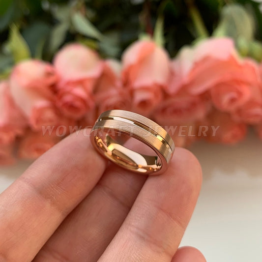 6mm Center Grooved Brushed Rose Gold Unisex Ring - Promise Rings