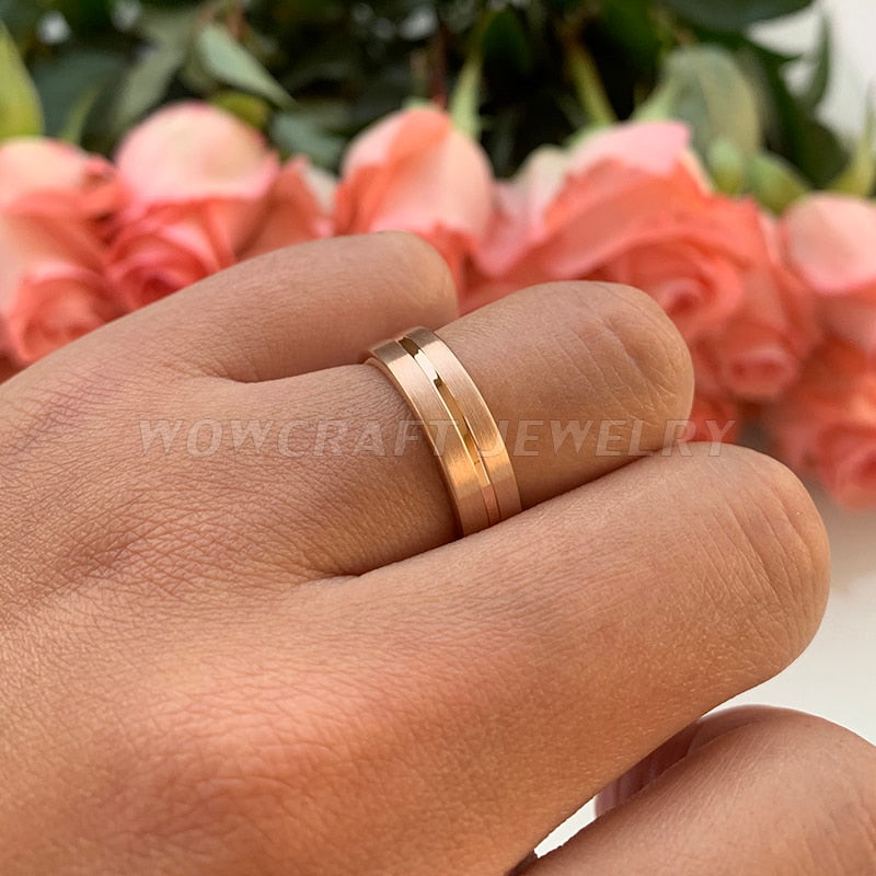 6mm Center Grooved Brushed Rose Gold Unisex Ring - Promise Rings