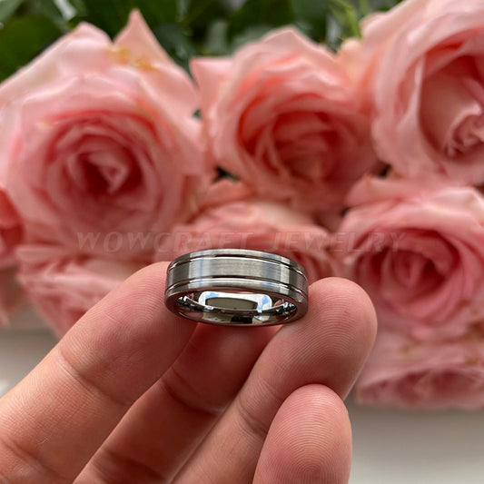 6mm Double Grooved Silver Tungsten Men's Ring - Promise Rings
