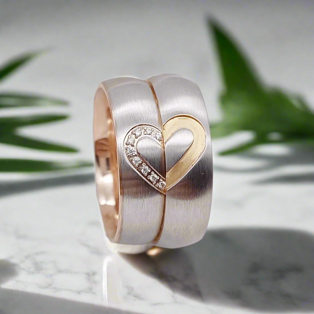 6mm Rose Gold and Silver Dome Heart Shape Titanium Couples Rings 2pc Set – Symbol of Love and Unity (Unisex) - Promise Rings