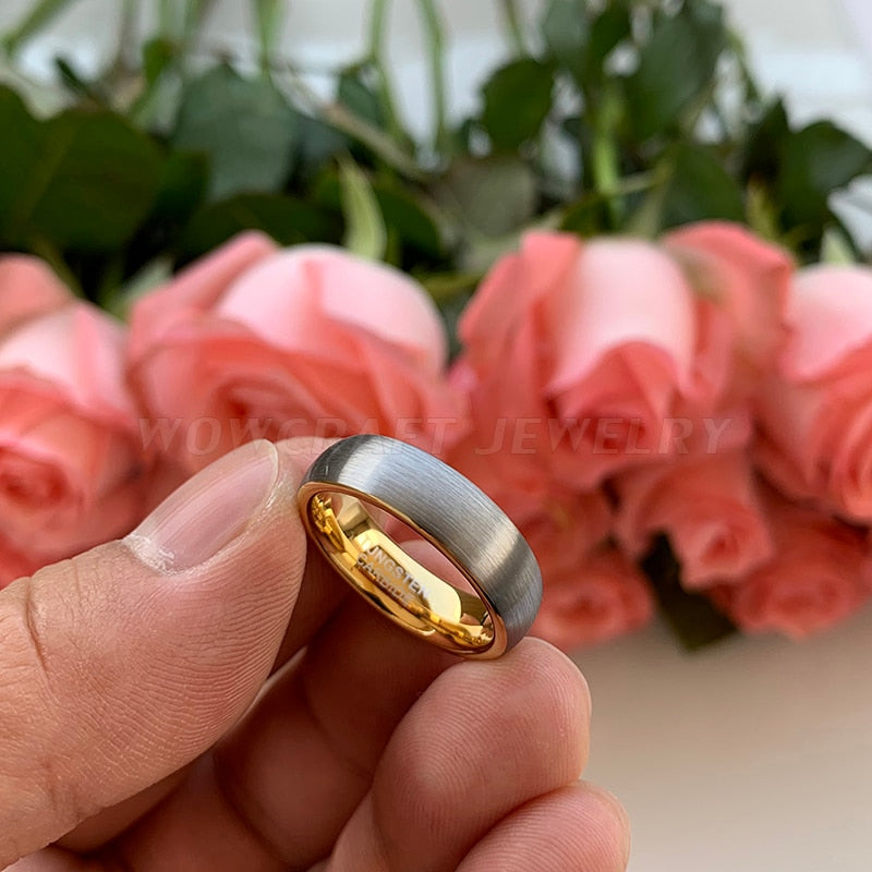 6mm Brushed Silver Tungsten Ring – Polished Gold-Tone Interior (Unisex) - Promise Rings