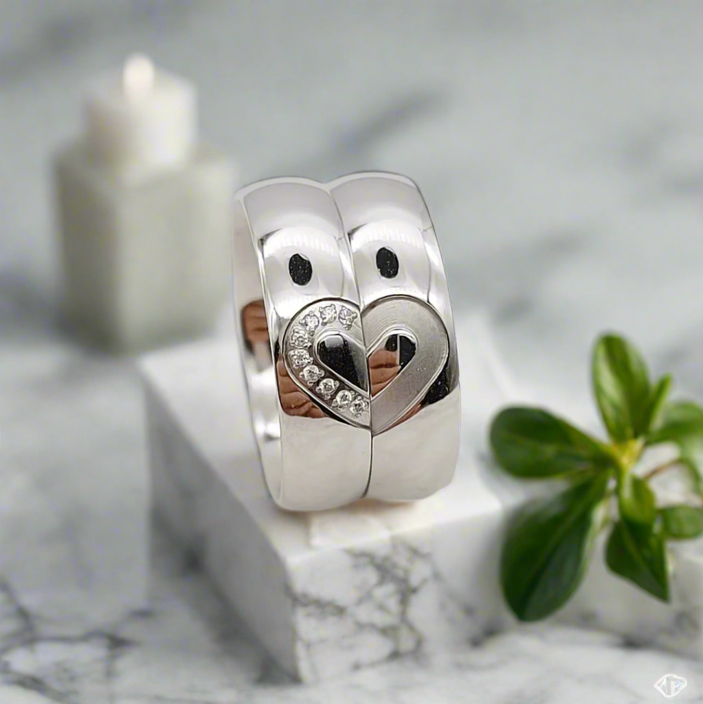 6mm Silver Dome Heart Shape Silver Titanium Couples Rings 2pc Set – Symbol of Love and Connection (Unisex) - Promise Rings