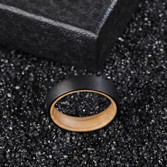 6mm Brushed Black Tungsten Ring – Whiskey Barrel Wood Interior (Unisex) - Promise Rings