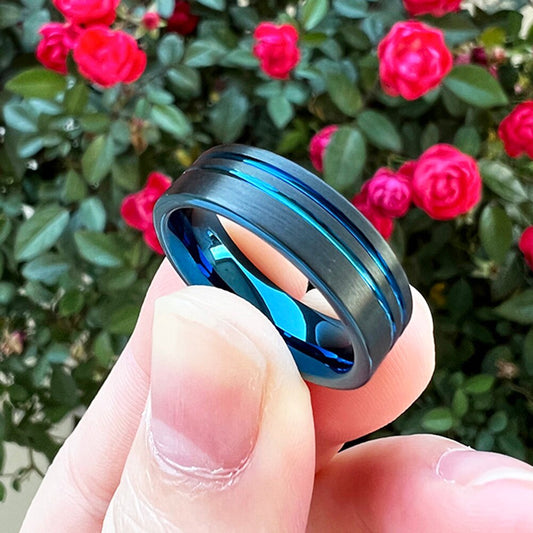 6mm or 8mm Black Double Blue Inner Offset Grooved Unisex Rings - Promise Rings