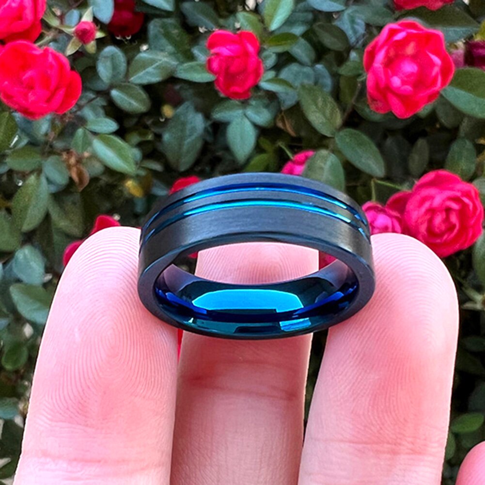 6mm or 8mm Black Double Blue Inner Offset Grooved Unisex Rings - Promise Rings
