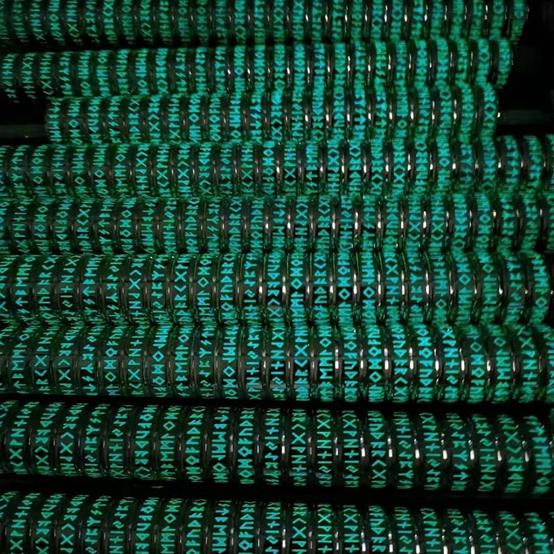 6mm or 8mm Luminous Rune Norse Letter Viking Stainless Steel Unisex Ring (Glow In Dark) - Promise Rings