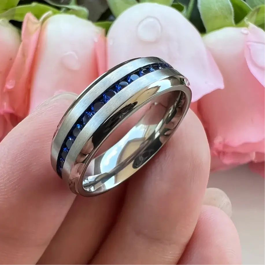 7mm Titanium Silver Eternity Ring – Blue Cubic Zirconia Inlay (Unisex) - Promise Rings