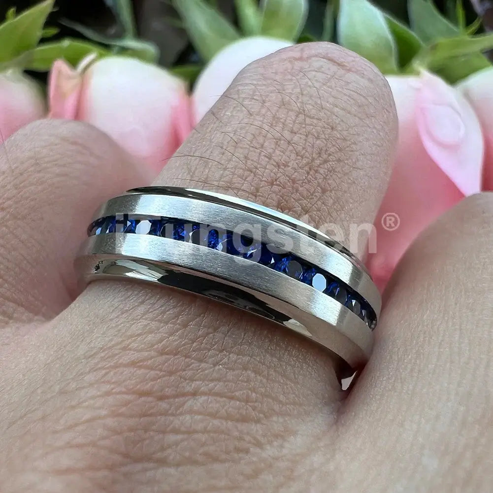7mm Titanium Silver Eternity Ring – Blue Cubic Zirconia Inlay (Unisex) - Promise Rings