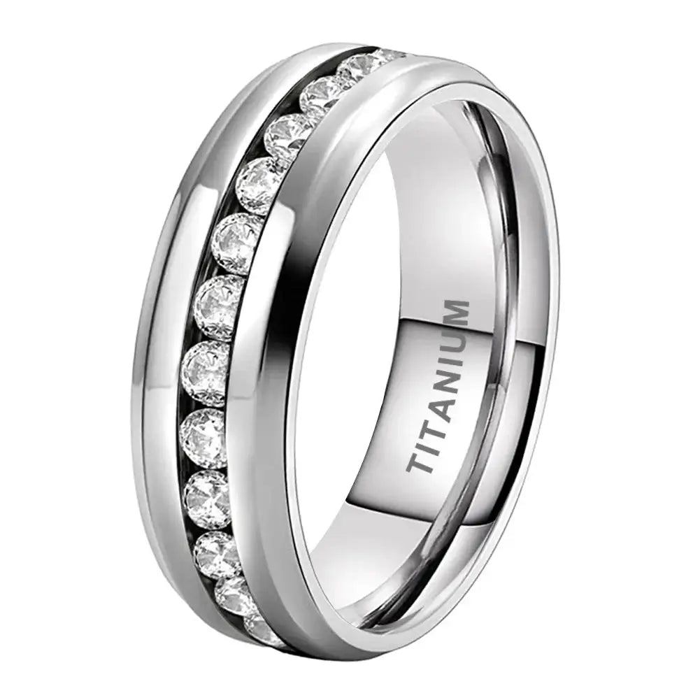 7mm Titanium Silver Eternity Ring – Clear Cubic Zirconia Inlay (Unisex) - Promise Rings
