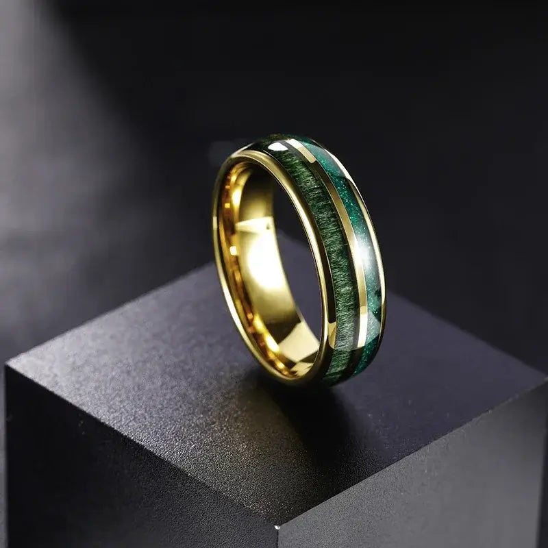 7mm Polished Tungsten Ring – Green Opal and Wood Inlay Design (Unisex) - Promise Rings