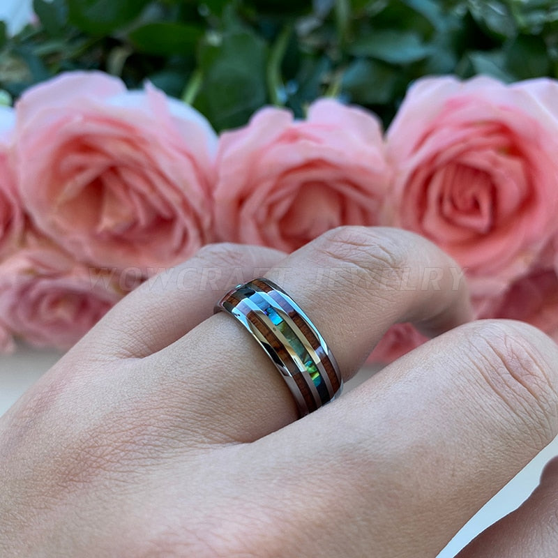 8mm Abalone Shell & Koa Wood Inlay Silver Tungsten Men's Ring - Promise Rings