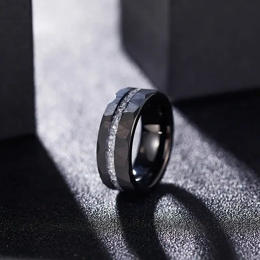 8mm Tungsten Black Hammered Ring – Aluminum Slag Inlay Design (Men’s) - Promise Rings