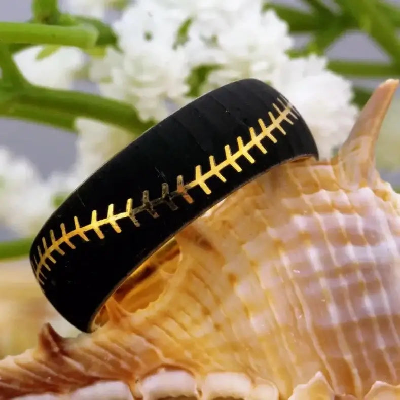 8mm Black & Gold Tungsten Baseball Stitch Sports Ring – Athletic Symbolism (Men’s) - Promise Rings