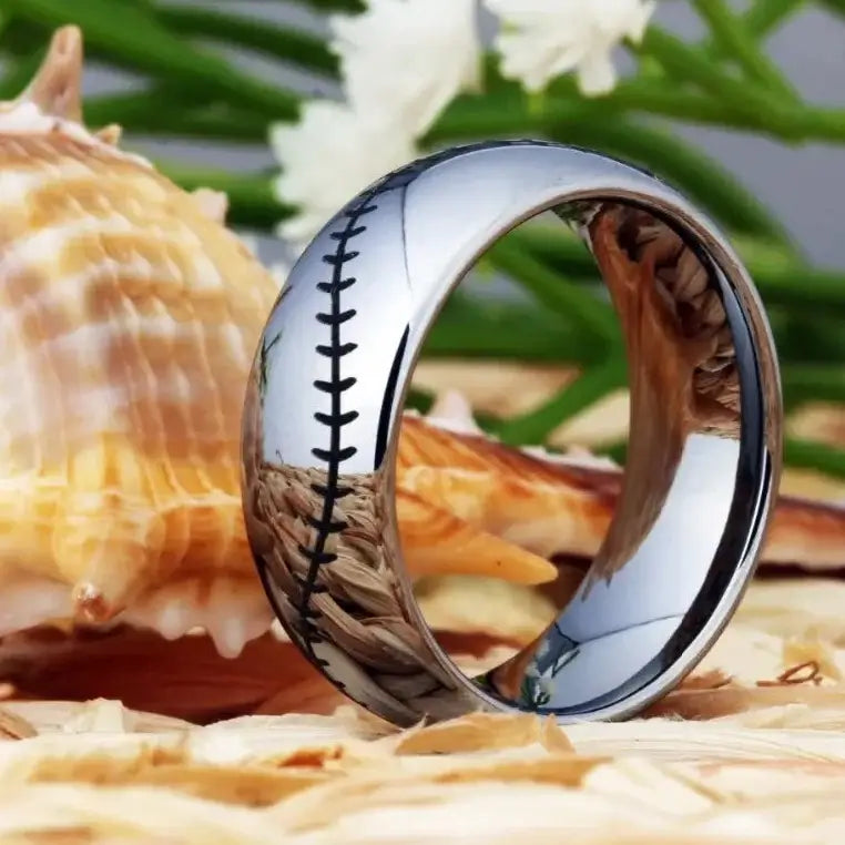 8mm Silver Tungsten Baseball Stitch Sports Ring – Athletic Symbolism (Men’s) - Promise Rings
