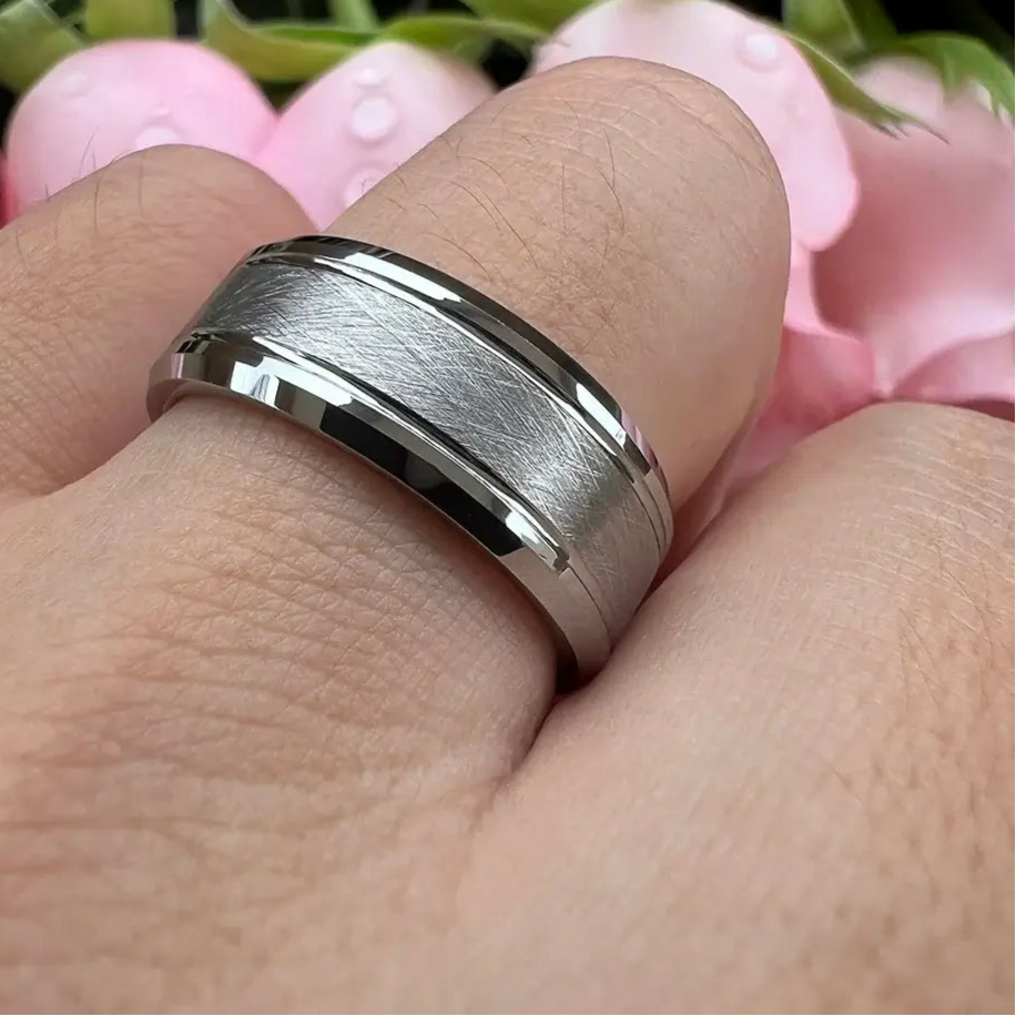 8mm Tungsten Beveled Edges Brushed Ring – Bold Simplicity and Strength (Men’s) - Promise Rings
