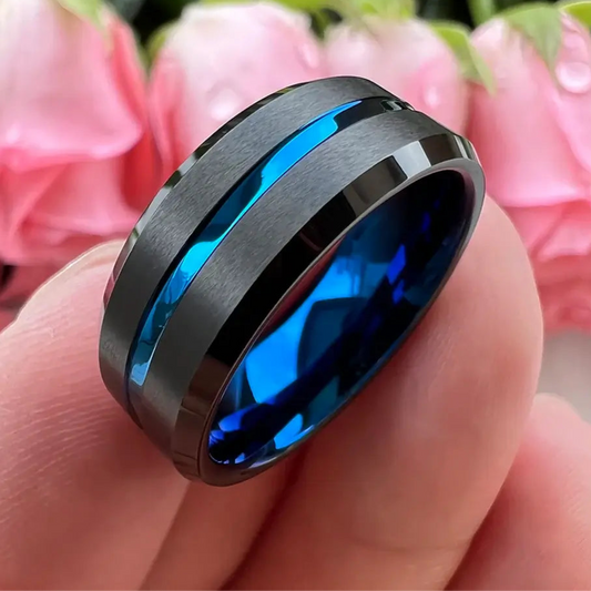8mm Black Tungsten Blue Groove Ring – Modern Satin Finish (Men’s) - Promise Rings