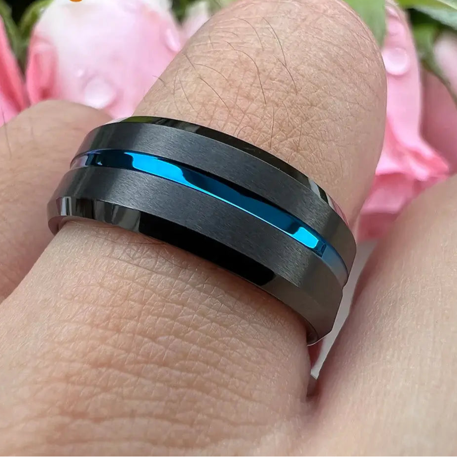 8mm Black Tungsten Blue Groove Ring – Modern Satin Finish (Men’s) - Promise Rings
