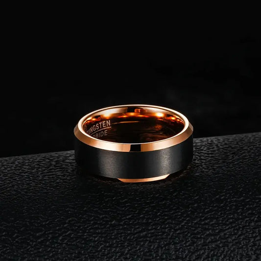 8mm Tungsten Black Brushed Beveled Ring – Polished Rose Gold Edge Design (Men’s) - Promise Rings