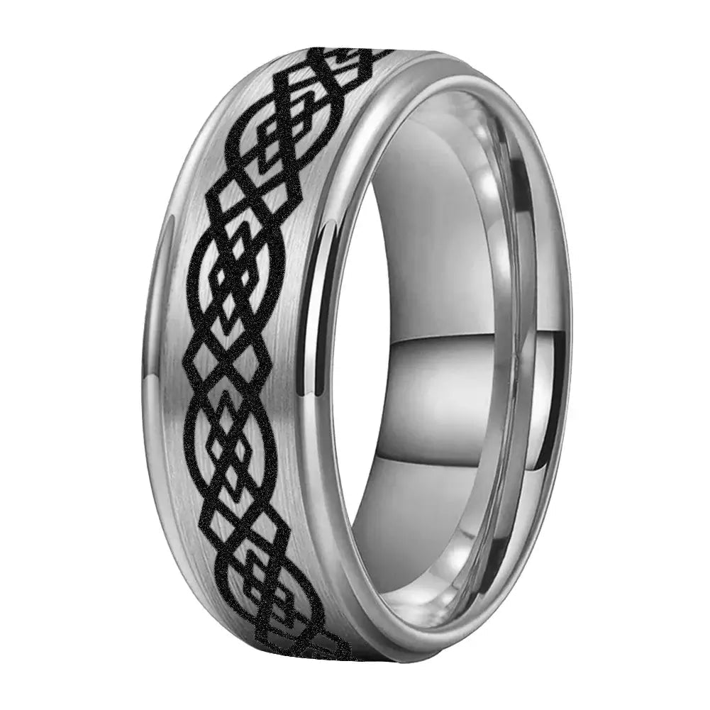 8mm Tungsten Silver Band Celtic Knot Ring – Black Knotwork Design (Men’s) - Promise Rings
