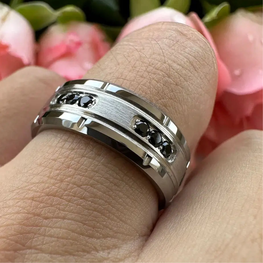 8mm Tungsten Silver Black Cubic Zirconia Inlay Comfort Fit Ring – Striking Contrast (Men’s) - Promise Rings
