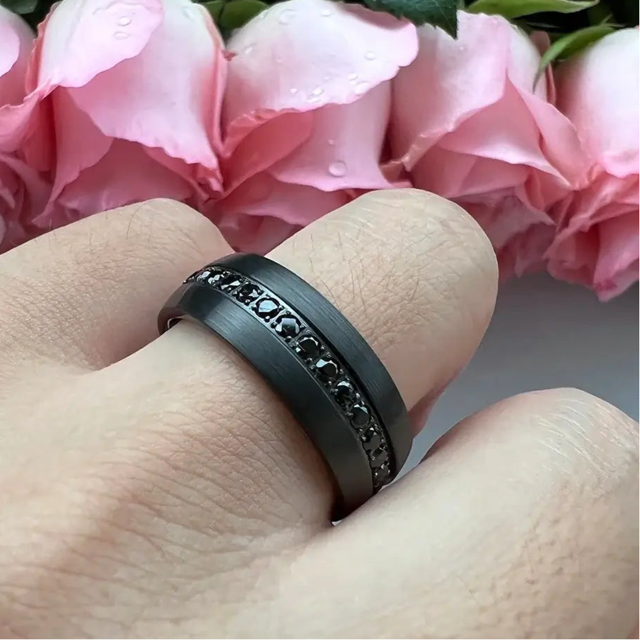 8mm Tungsten Black Cubic Zirconia Stones Inlay Domed Ring – Elegant Statement (Men’s) - Promise Rings