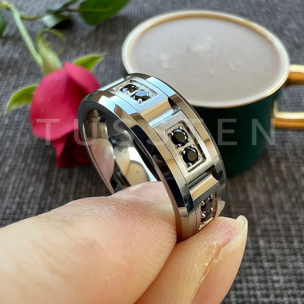 8mm Tungsten Ring – Silver with Black Cubic Zirconia Stones (Men’s) - Promise Rings
