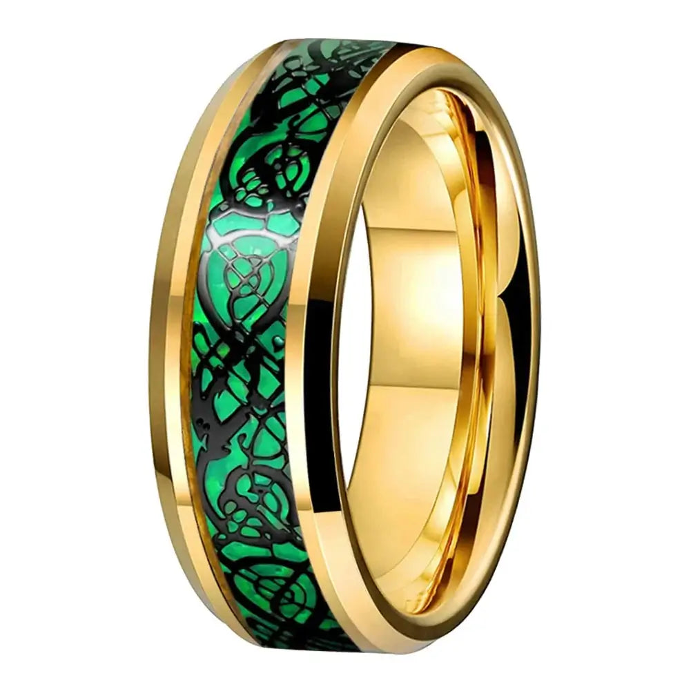 8mm Gold Tungsten Black Dragon Green Carbon Fibre Ring – Powerful Mythical Symbolism (Men’s) - Promise Rings
