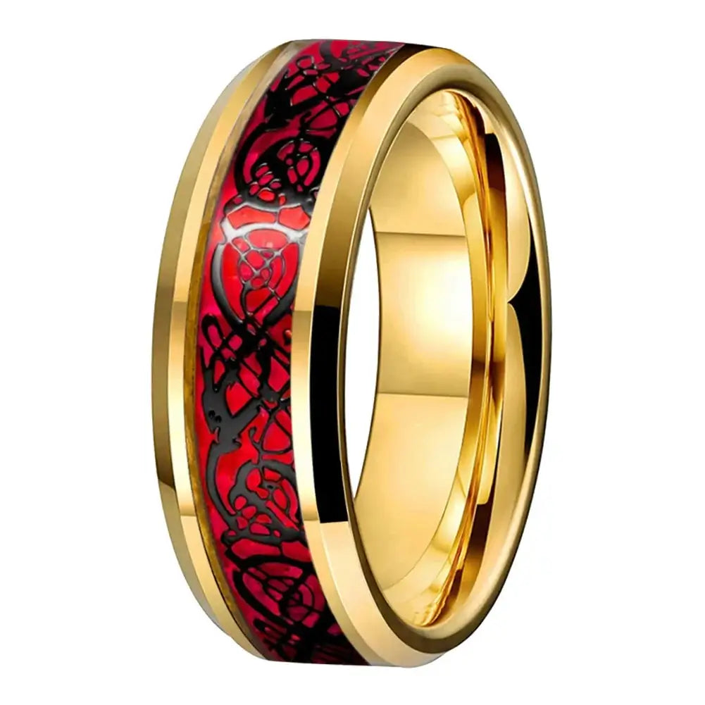 8mm Polished Gold Tungsten Black Dragon Red Carbon Fibre Ring – Bold Celtic Symbolism (Men’s) - Promise Rings