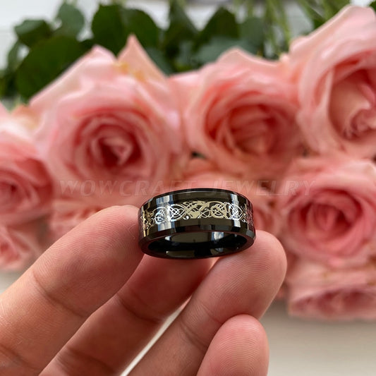 8mm Black Dragon Tungsten Men's Ring - Promise Rings