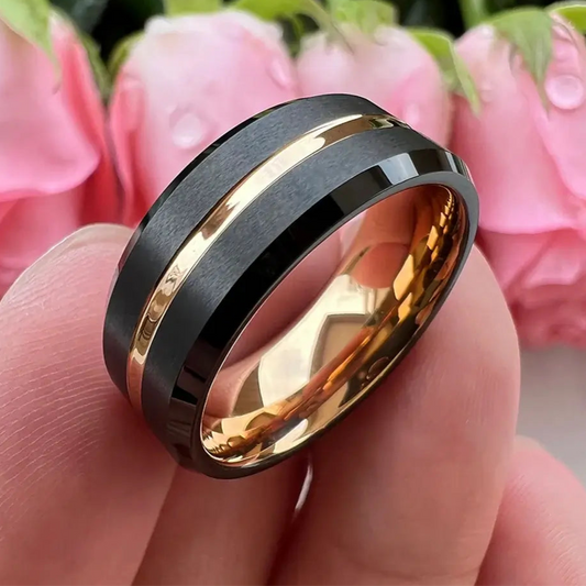 8mm Black Tungsten Rose Gold Groove Ring – Modern Brushed Satin Finish (Men’s) - Promise Rings