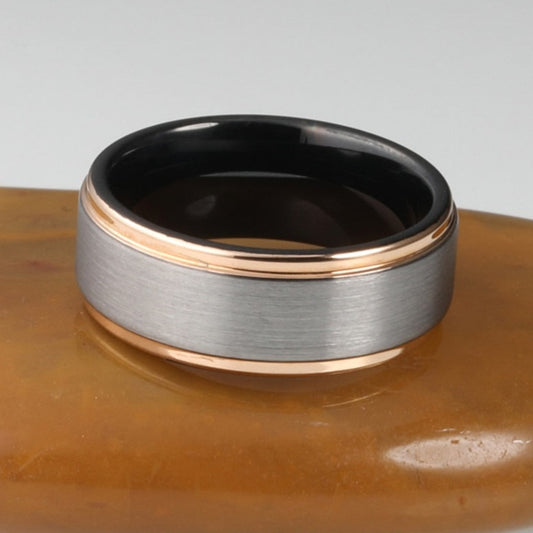 8mm Black, Rose Gold Stepped Edges Silvery Brushed Tungsten Men's Ring - Promise Rings